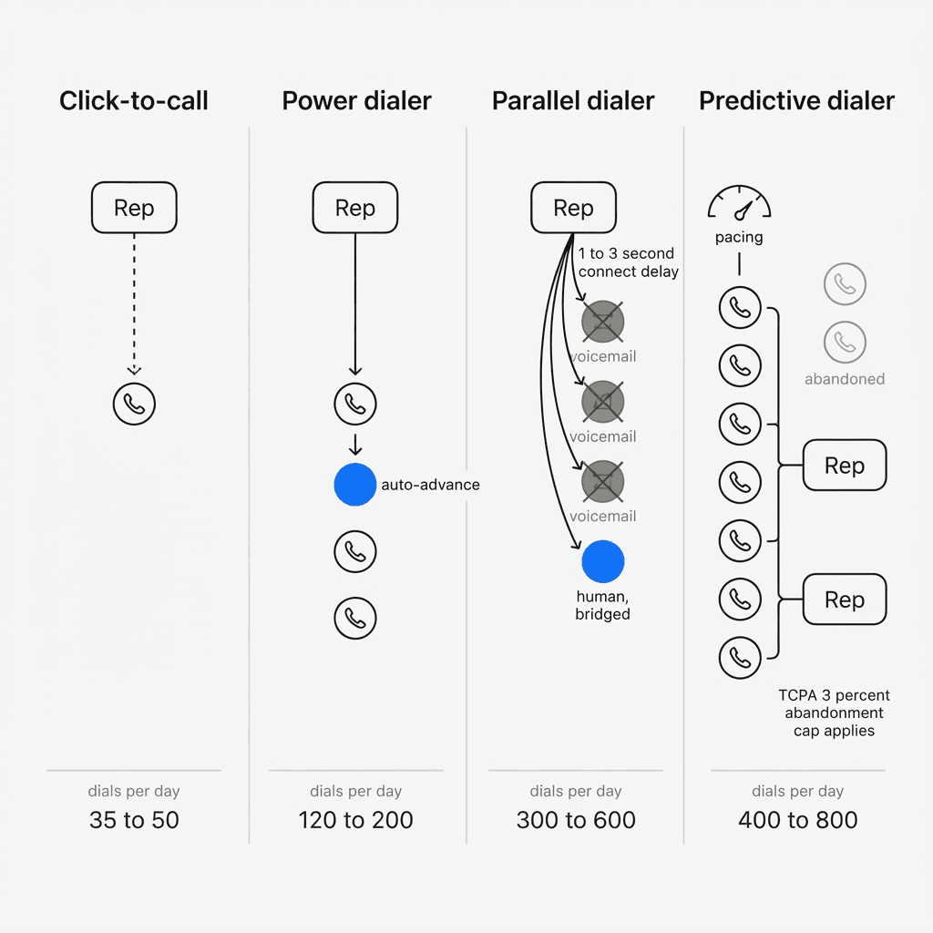 Side-by-side schematic of click-to-call, power, parallel and predictive dialing, showing how each connects a rep to prospects and the dials per day each produces, from 35 to 50 up to 400 to 800.