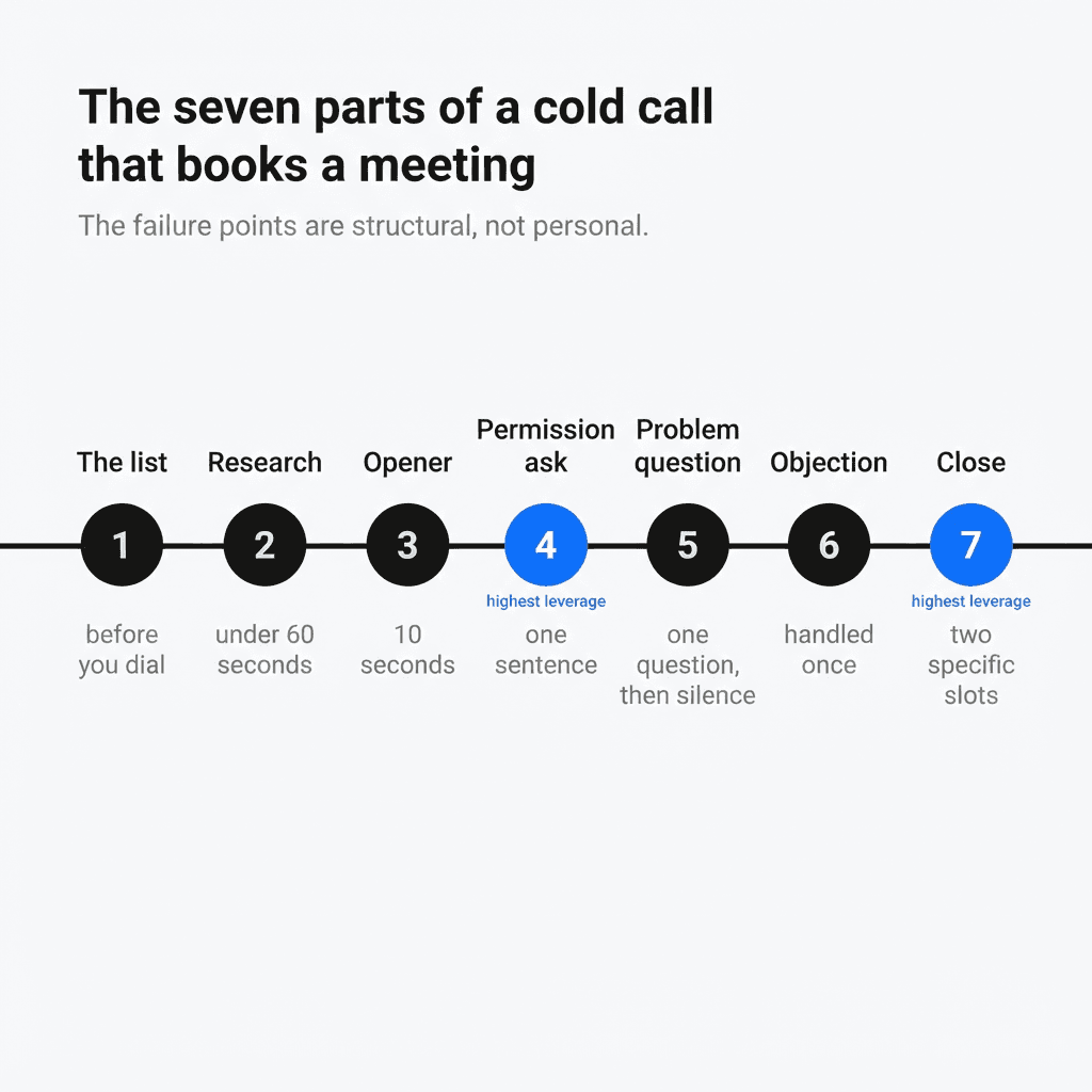 Timeline of the seven-part cold call structure every script on this page follows: list, research, opener, permission ask, problem question, objection, close.